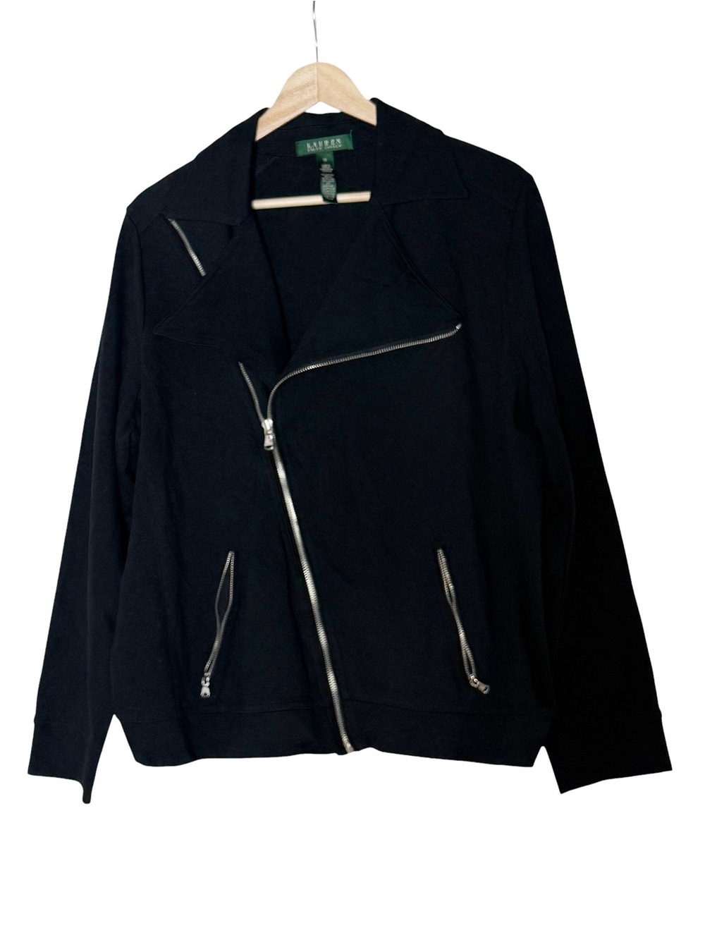 Lauren Ralph Lauren Black Knit Asymmetrical Zip Moto Jacket Coatigan Size 1X